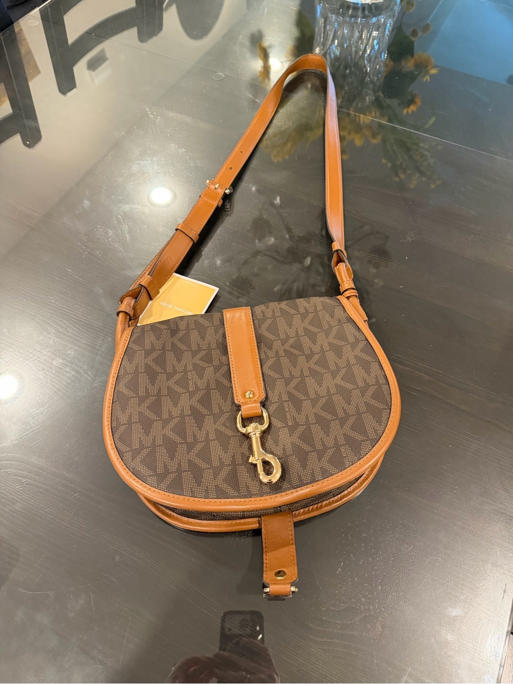 Michael Kors Brown Logo Saddle Crossbody with Cognac Trim